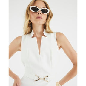 White Belted Collar Midi Dress