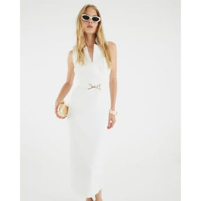 White Belted Collar Midi Dress
