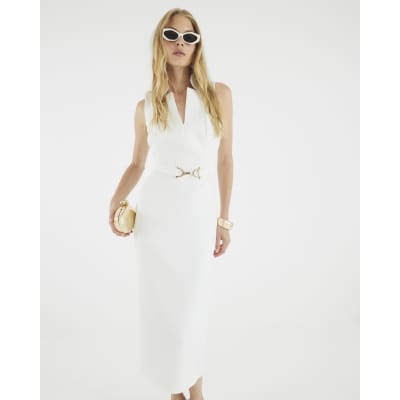 White Belted Collar Midi Dress