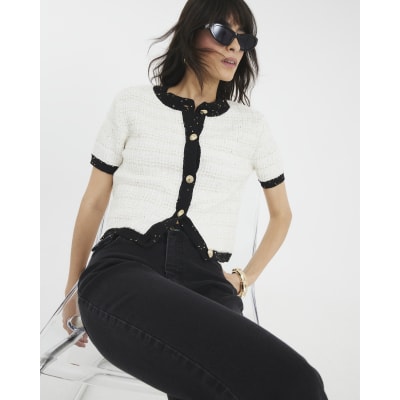 White Boucle Short Sleeve Cardigan