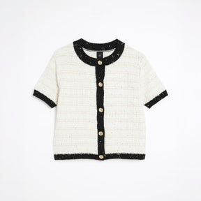 White Boucle Short Sleeve Cardigan