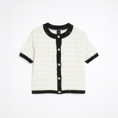 White Boucle Short Sleeve Cardigan