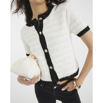 White Boucle Short Sleeve Cardigan