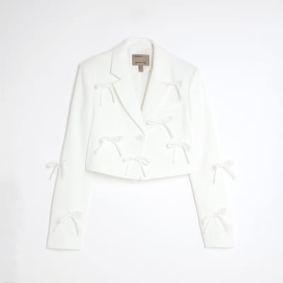 White Bow Front Cropped Blazer