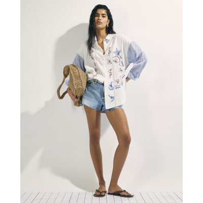 White Broderie Patchwork Stripe Shirt