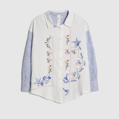 White Broderie Patchwork Stripe Shirt