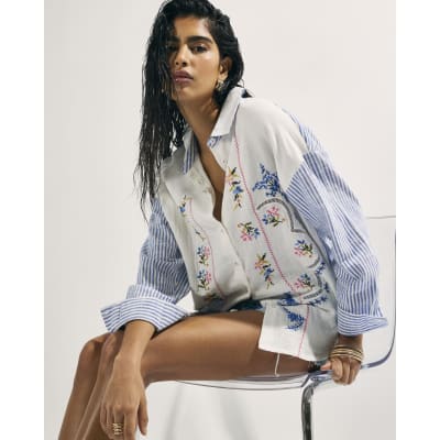 White Broderie Patchwork Stripe Shirt