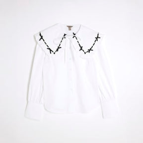 White Collared Bow Trim Poplin Shirt