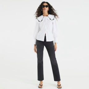 White Collared Bow Trim Poplin Shirt