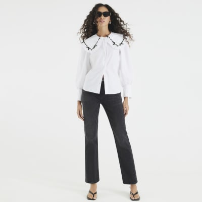 White Collared Bow Trim Poplin Shirt
