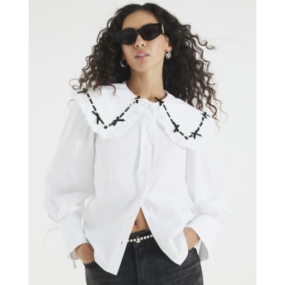 White Collared Bow Trim Poplin Shirt