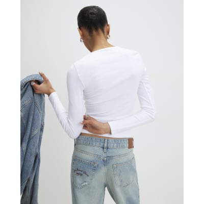 White Cotton Long Sleeve Fitted Top