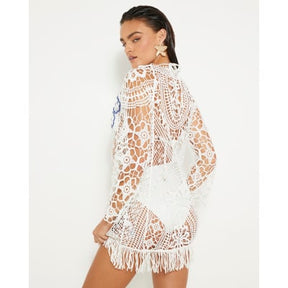 White Crochet Long Sleeve Mini Beach Dress