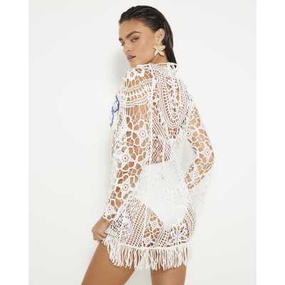 White Crochet Long Sleeve Mini Beach Dress