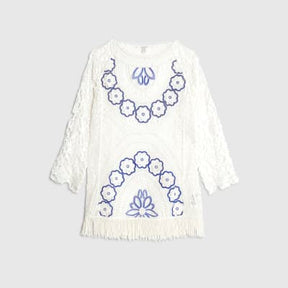 White Crochet Long Sleeve Mini Beach Dress
