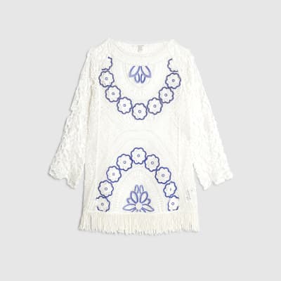 White Crochet Long Sleeve Mini Beach Dress