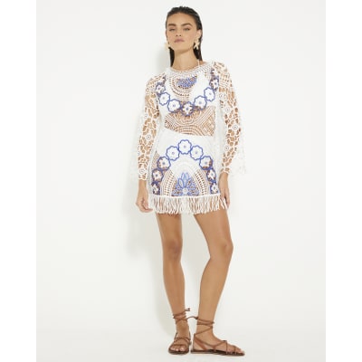 White Crochet Long Sleeve Mini Beach Dress