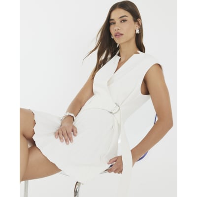 White Curved Panel Pleated Mini Dress