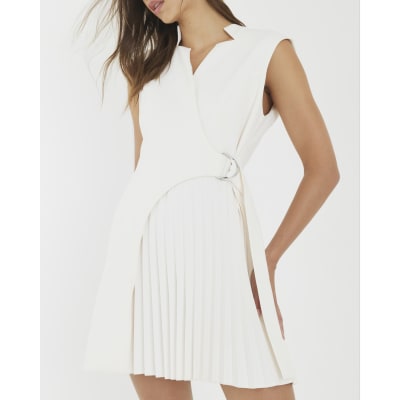 White Curved Panel Pleated Mini Dress