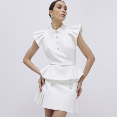 White Diamante Pleated Mini Skirt
