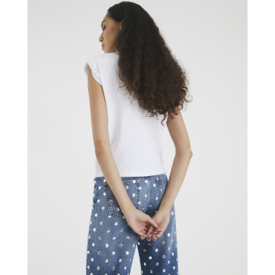 White Embellished Shoulder Pad T-Shirt