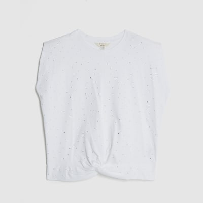 White Embellished Shoulder Pad T-Shirt
