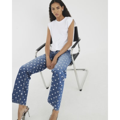 White Embellished Shoulder Pad T-Shirt