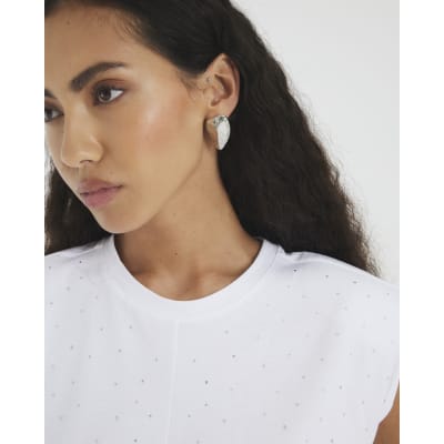 White Embellished Shoulder Pad T-Shirt
