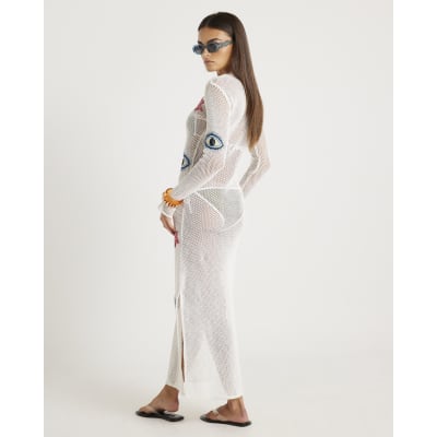 White Embroidered Knit Maxi Beach Dress