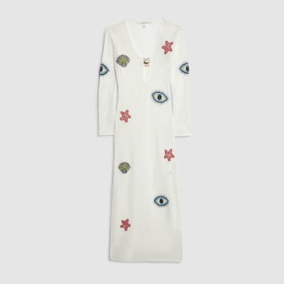 White Embroidered Knit Maxi Beach Dress