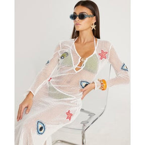 White Embroidered Knit Maxi Beach Dress