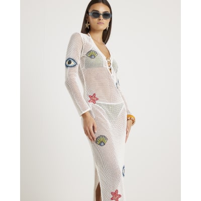 White Embroidered Knit Maxi Beach Dress