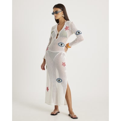 White Embroidered Knit Maxi Beach Dress