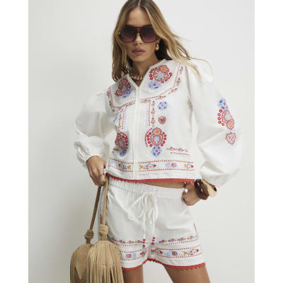 White Embroidered Long Sleeve Blouse