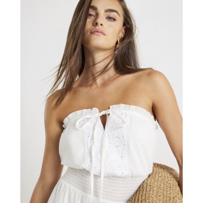 White Embroidered Ruffle Beach Playsuit