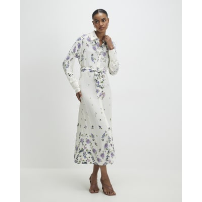 White Floral Midi Shirt Dress