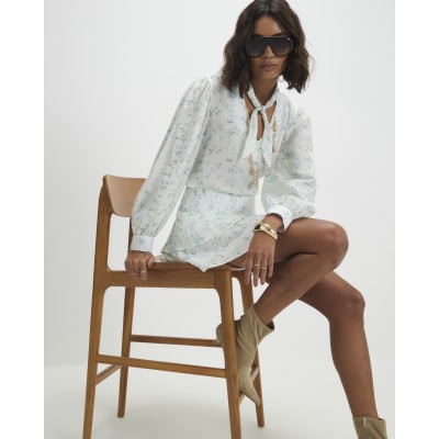 White Floral Pussybow Blouse