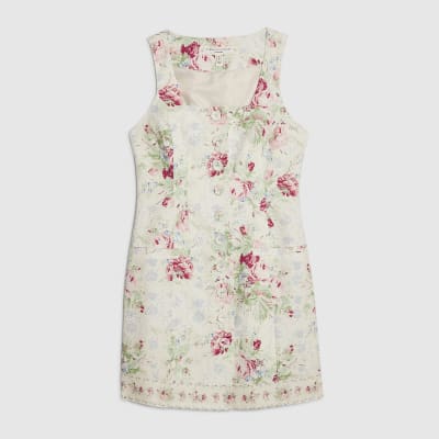 White Floral Square Neck Shift Mini Dress