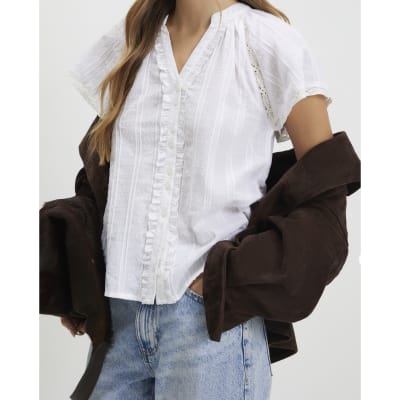 White Frill Detail Short Sleeve Blouse