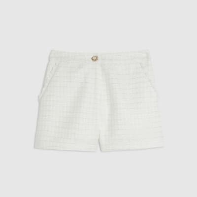 White Fringe Hem Boucle Shorts