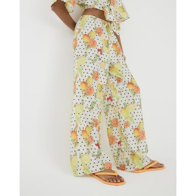 White Fruit Print Beach Trousers