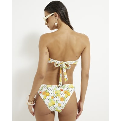 White Fruit Print Textured Bandeau Bikini Top