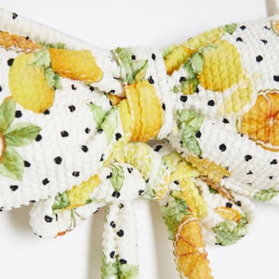 White Fruit Print Textured Bandeau Bikini Top