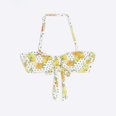 White Fruit Print Textured Bandeau Bikini Top