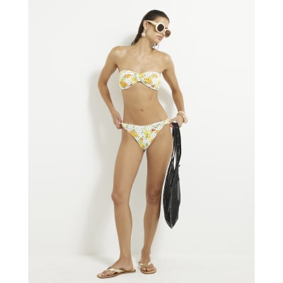 White Fruit Print Textured Bandeau Bikini Top