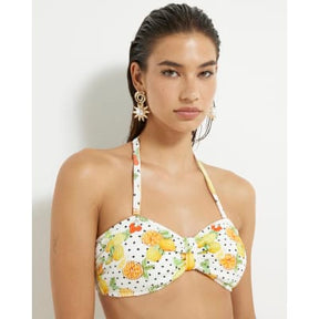 White Fruit Print Textured Bandeau Bikini Top