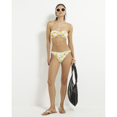 White Fruit Print Textured Bikini Bottoms