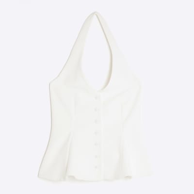 White Halter Neck Peplum Waistcoat