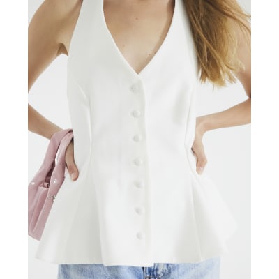 White Halter Neck Peplum Waistcoat