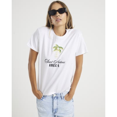 White Ibiza Beaded Palm T-Shirt